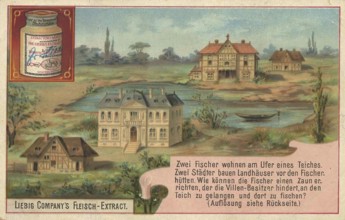 Picture series puzzle, two fishermen live on the shore of a pond, two townspeople build houses in