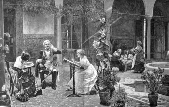 Soldier in parade uniform flirting with two woman at the same time, France, 1875, after a painting
