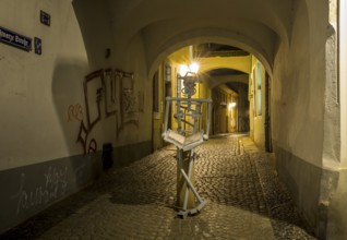 Passageway from Brüderstraße into Schwarze Straße with abstract figure of a reader at night,