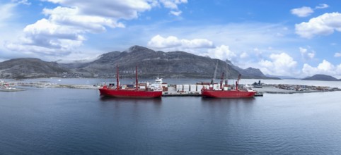 International shipping line transportation container cargo ship in Nuuk Port in Greenland
