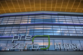 Exterior view, glass façade, logo, Europa League, PreZero Arena, Sinsheim, Baden-Württemberg,