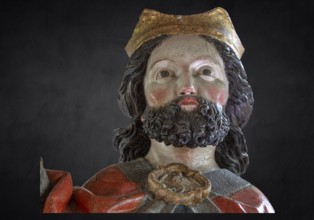 Head of Christ, detail of the palm donkey on a black background, wooden figure from around 1470,