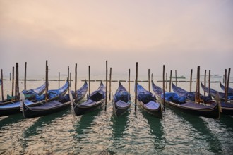 View from 'Colonna di San Marco e San Teodoro' on the gondolas lying in the water before sunrise in