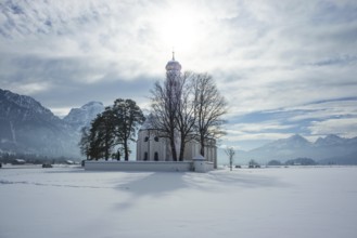 Pilgrimage Church of St Coloman, Snow, Schwangau, Allgaeu, Bavarian Swabia, Bavaria, Germany,