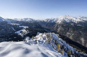 Snow-covered summit of the Jenner with viewing platform in autumn, view of Königssee and Watzmann,