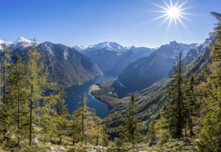 Panoramic view of the Königssee from the Archenkanzel viewpoint, autumnal forest and snow-capped