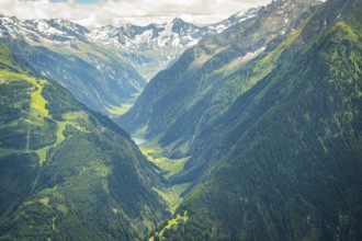 Wide valley between snow-covered mountains with green forests and meadows, Stilluptal, Zillertal.