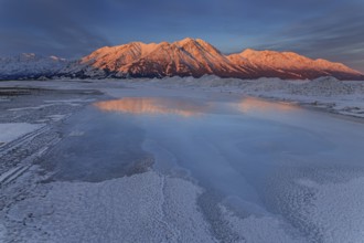 Morning light, clouds, mountains, snowy, winter, ice, Kluane Lake, Kluane Mountains, Yukon, Canada,