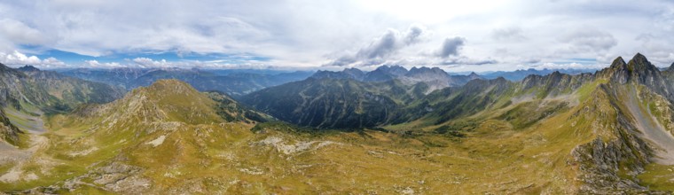 Aerial view, Alpine panorama, mountain ridge, idyllic mountain landscape with green mountain