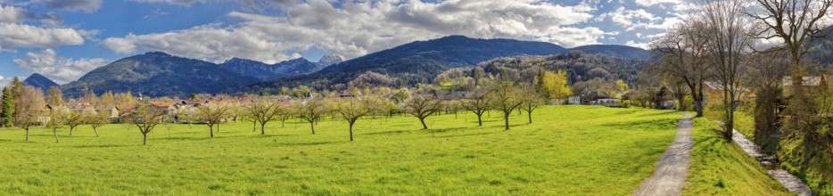 Wide green meadow with trees, surrounded by mountains under a cloudy sky in a spring landscape, Bad