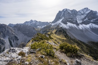 Hiking trail on the ridge of the Hahnkampl, mountain panorama with steep rocky peaks, view of
