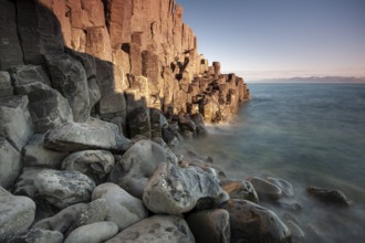Basalt columns, columnar basalt, coast, long exposure, Hofsos or Hofsós, Skagafjörður, Norðurland,