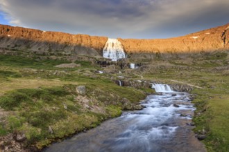 Waterfall, midnight sun, sun star, cloudy mood, mountains, Dynjandi, Westfjords, Iceland, Europe