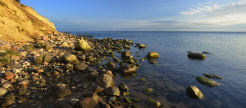 Cliffs and boulders on the coast of the Baltic Sea in the evening light, Reddevitzer Höft, Mönchgut