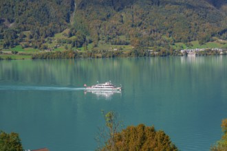 A boat sails across a calm lake in front of a picturesque mountain landscape, Lake Brienz,