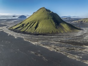 Aerial view, Mælifell mountain covered with moss, Maelifell, black sand desert Mælifellssandur,
