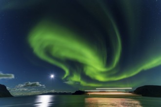 Northern Lights, (Aurora borealis) at a fjord near Skjiervoya, September 2024, Lapland, Finnmark,