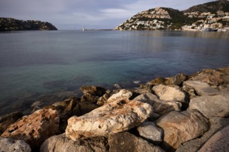 View from promenade to harbour Port d'Andratx, Majorca, Morning light, Balearic Islands, Balearic