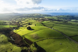 Farms over Black Mountain from a drone, Brecon Beacons National Park, Carmarthenshire, Wales,