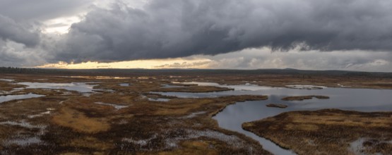 Sunset, drone shot, aerial view, lakes, moor landscape, Lapland, Finland, Europe