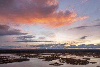 Sunset, drone shot, aerial view, lakes, moor landscape, Lapland, Finland, Europe