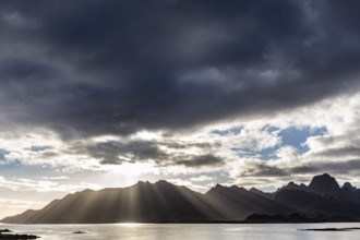 Mountains, fjord, clouds, sunbeams, backlight, autumn, Vesteralen, Norway, Europe