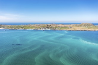 Aerial view, strait between Fionnphort and Iona island, ferry to Iona Abbey, Scotland, UK
