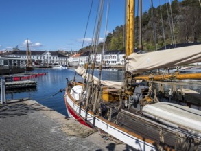 At the seaside in Risor, a traditional village with wooden white houses at the southern norwegian