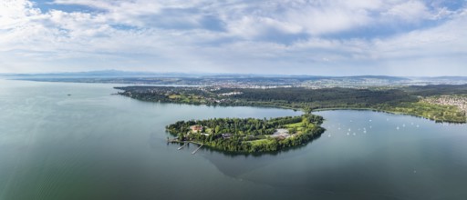 The island of Mainau in Lake Constance, on the horizon the city of Constance, the Thurgau lake
