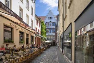 The Martinsgässle with catering and market hall in the historic old town of Freiburg im Breisgau,