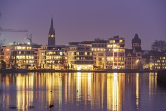 Lake Phoenix at dusk in Dortmund, North Rhine-Westphalia, Germany, Europe