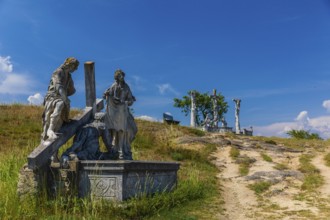 Crucifixion group close to the Windmill. Windmill Retz, located in Lower Austria. The windmill is