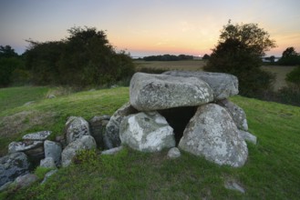 The Sprove dolmen at sunset, Sprove, Møn Island, Denmark, Europe