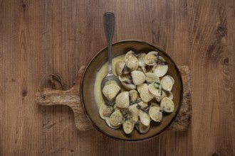 Vongole clams, in cream sauce, homemade, top view, no people
