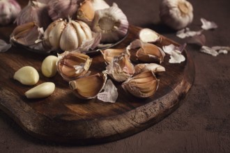 Fresh garlic, on a dark background, top view, food concept