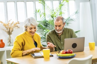 Caucasian casual and happy senior couple at home planning home budget together using laptop