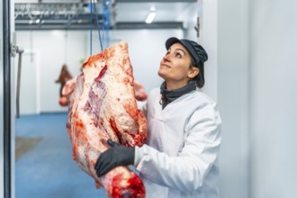 Female butcher reaching a piece of meat hanging in a factory