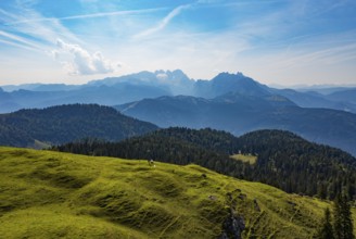 Drone shot, At the summit of the Taborberg with a view of the Dachstein massif, Osterhorn group,