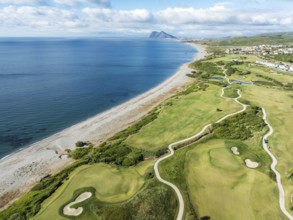 The La Hacienda Links Golf Resort at the Mediterranean Sea with the Rock of Gibraltar (British) in