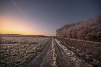 Evening sky with hoarfrost on the fields and forests, Eckental, Middle Franconia, Bavaria, Germany,