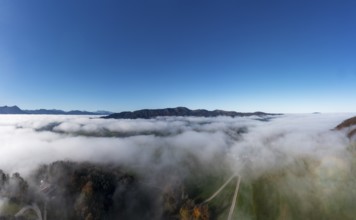Drone shot, morning fog over the Mondseeland, Salzkammergut, Upper Austria, Austria, Europe