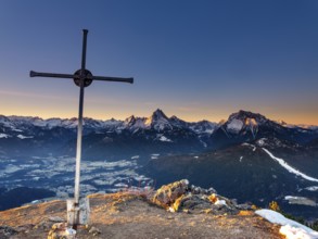 Rauher Kopf summit cross at sunrise, behind the Berchtesgaden Alps, Steinernes Meer,
