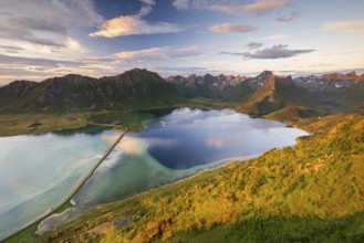 Fjord and mountains of the island Austvågøya, Grunnførfjorden, Lofoten, Norway, Europe