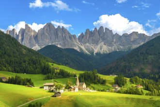Green meadows, pine forests, and the iconic odle mountains rising majestically behind the church of
