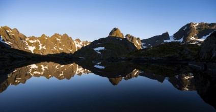 Rocky mountain peaks reflected in a small pond, mountain landscape with alpenglow at sunrise, at