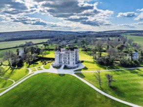 Lulworth Castle from a drone, Lulworth Estate, Camp Bestival, East Lulworth, Dorset, England,