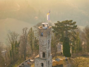 Close-up of a castle tower with flag, surrounded by trees on a misty hill, Löwenstein Castle,