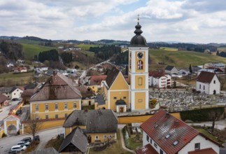 Drone shot, local view, parish church, Niederwaldkirchen, Mühlviertel, Upper Austria, Austria,