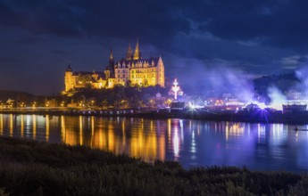 Albrechtsburg Castle and hustle and bustle on the Elbe during the wine festival, night shot,