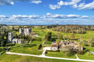 Lulworth Castle from a drone, Lulworth Estate, Camp Bestival, East Lulworth, Dorset, England,